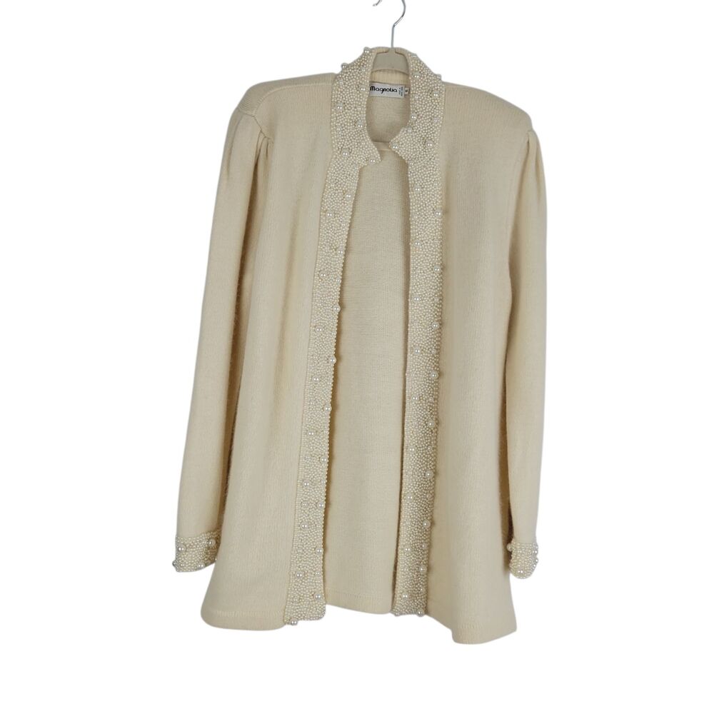 Vintage Magnolia Lambswool/Angora Blend Pearl Trim Cardigan Sweater Cream size M